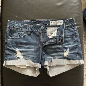 Blue Distressed Jean Shorts with Frayed Edges